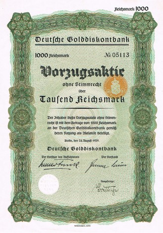 Artikelnr. AP151 Deutsche Golddiskontbank Vorzugsaktie vom 24.08. 1939 Wert1000 Reichsmark