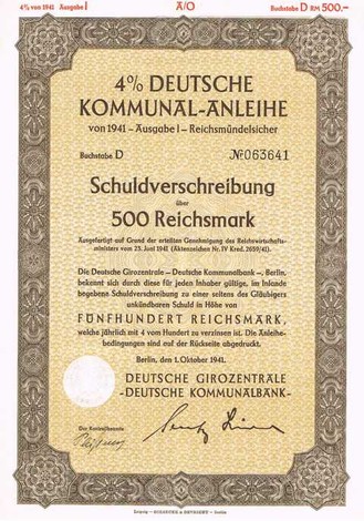 Artikelnr. AP157 Deutsche Girozentrale Schuldverschreibung 4% vom 01.10.1941 Wet 500 Reichsmark