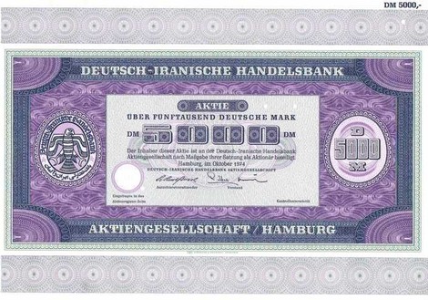 Artikelnr. AP142 Deutsch-Iranische Handelsbank Stammaktie vom Oktober 1974 Wert 5000 Dm