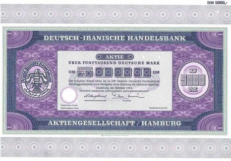 Artikelnr. AP142 Deutsch-Iranische Handelsbank Stammaktie vom Oktober 1974 Wert 5000 Dm