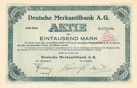 Artikelnr. AP149 Deutsche Merkantilbank Stammaktie vom 30.04.1923 Wert 1000 Mark