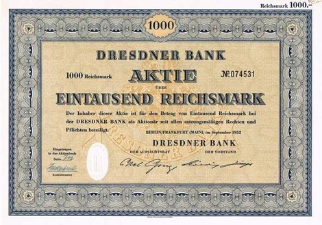 Artikelnr. AP135  Dresdner Bank Stammaktie 09.1952 Wert 1000 Reichsmark mit Coupon