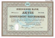 Artikelnr. AP136  Dresdner Bank Stammaktie 09.1952 Wert 100 Reichsmark mit Coupon