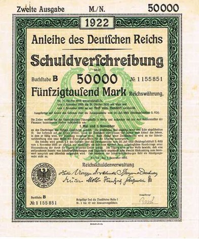 Artikelnr.AP141 Deutsches Reich Schuldverschreibung vom 20.07.1922 Wert 50000 Mark