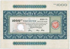 Artikelnr. AP148 Frankfurter Bank Stammaktie vom März 1954 Nennwert 1000 D-Mark