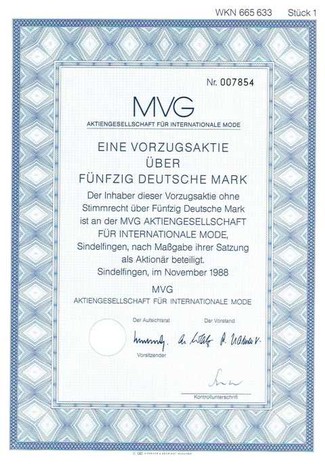 Artikelnr. AP185 MVG Aktie  vom November 1988 Nennwert 50 D-Mark
