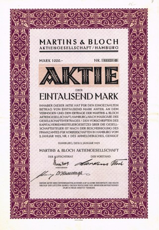 Artikelnr. AP381 Aktie der Martins&Bloch AG  von 1923 Nennwert 1000 Mark
