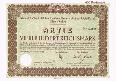Artikelnr. AP116 RWE Aktie vom 12.12.1924 Wert 400 Reichsmark