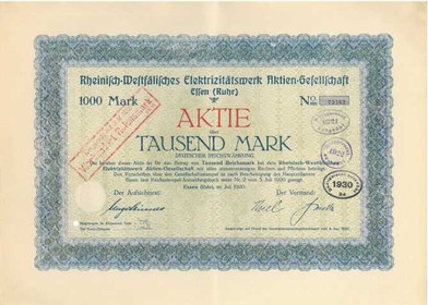 Artikelnr. AP117 RWE Aktie vom 03.07.1920 Wert 1000 Mark