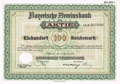 Artikelnr. AP111 Bayerische Vereinsbank vom 11.10.1937  Wert 100Reichsmark